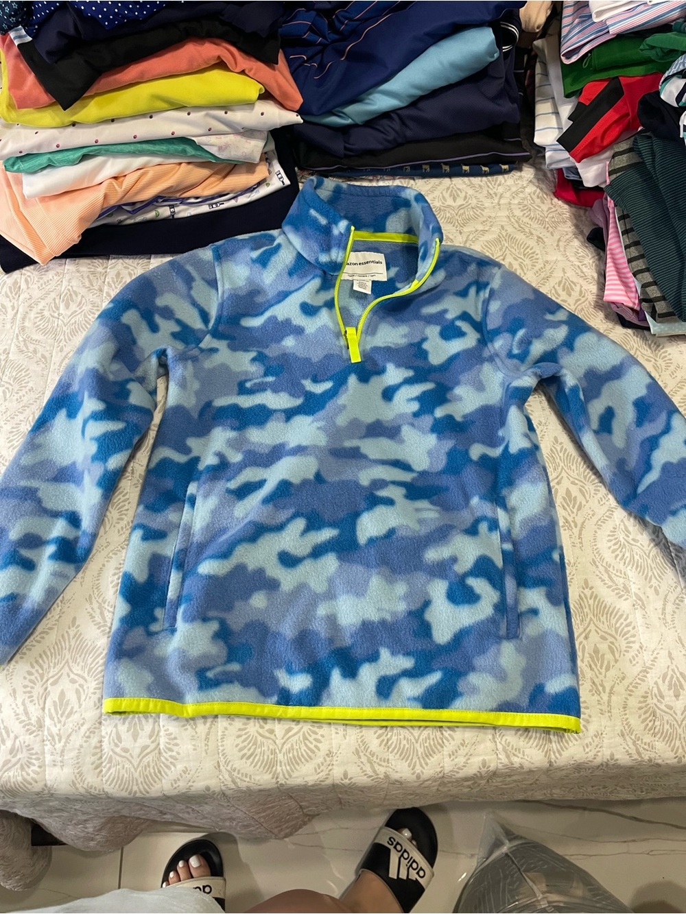 Amazon Essentials Blue Camo Half-Zip Fleece with Neon Trim